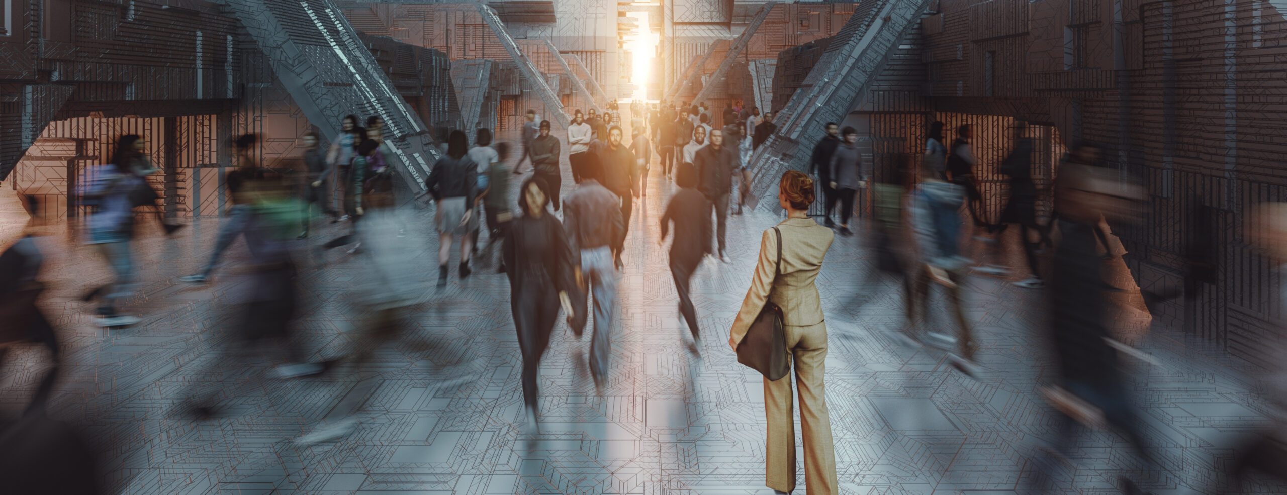 Forward-looking business and innovation: people moving through a contemporary urban space